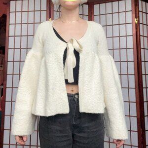 Moda International Cream Textured Bell Sleeve Tie-Front Cardigan Bolero | S